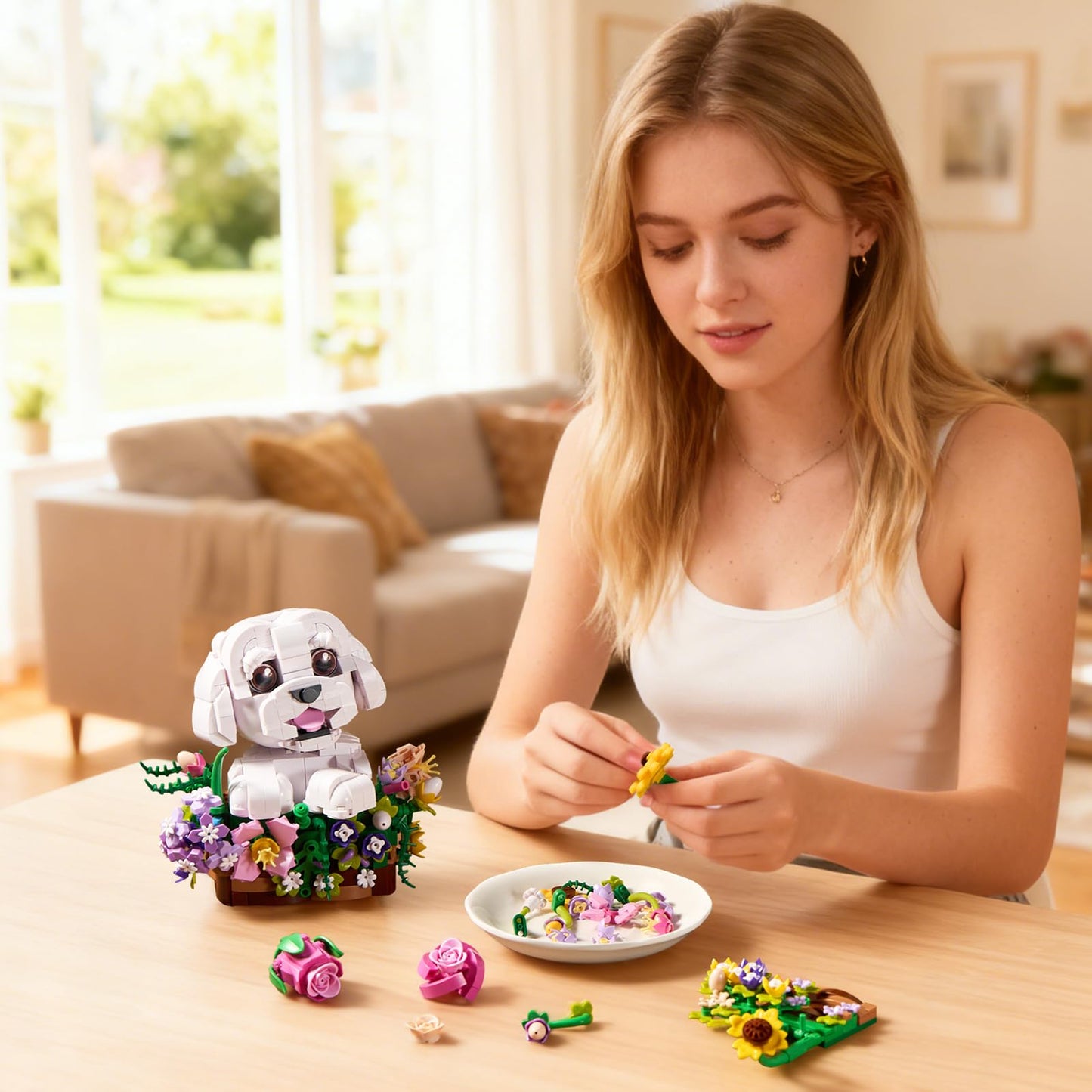 Adorable Dogs Bouquet Succulent Building Blocks,Compatible with Lego Adorable Dogs Artificial Flowers Bonsai,Creative Plants and Animals Decoration