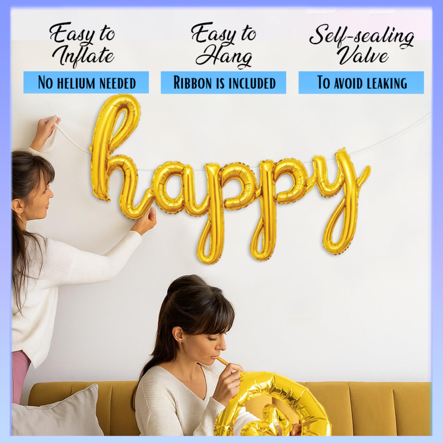 Gold Happy Birthday Balloons Banner | Script/Cursive Gold Letter Balloon Sign for Birthday Party Decor/Decoration | Foil Mylar Happy Birthday Banner