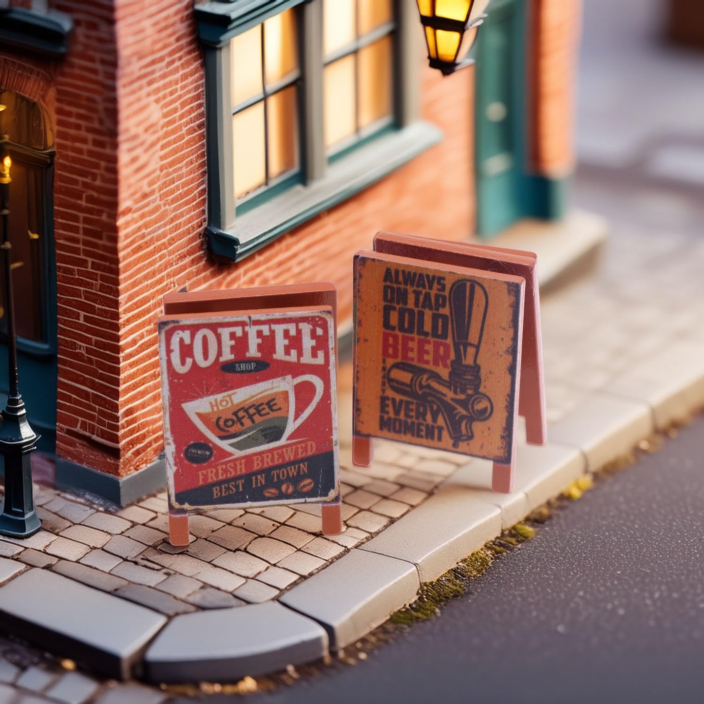 Set of 2 Miniature A-Frame Signs, Double-Sided Coffee & Beer Wood Signboards for 1:12 Scale Dollhouse, Retro Cafe Bar Decor Accessories for Adult