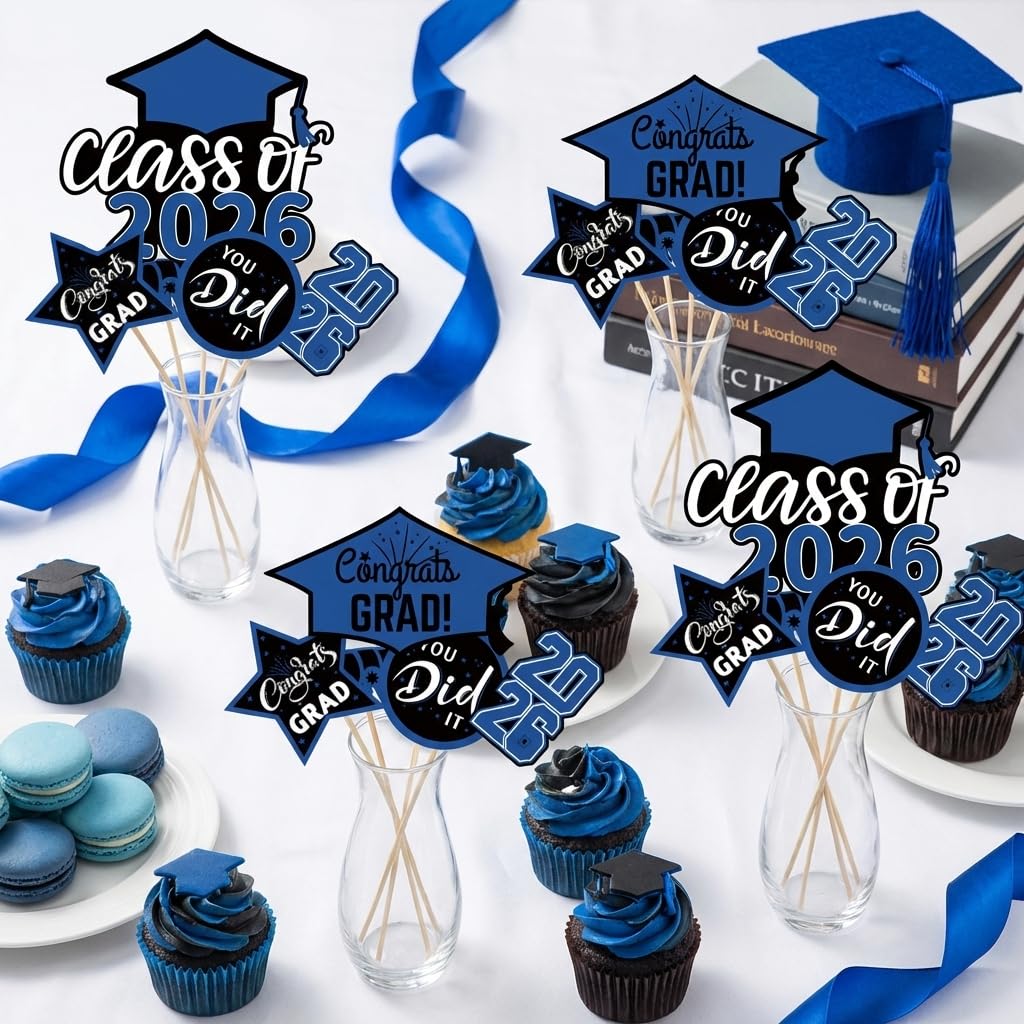 20 Pcs Blue Black Class of 2026 Congrats Grad Table Centerpieces Sticks for Graduation Party Decorations Congrats Decorations