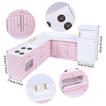 Haomian 1:12 Scale Dollhouse Kitchen Furniture Set, Pink Wooden Miniature L-Shaped Kitchen Cabinets with Fridge Sink Stove, Doll House Kitchen