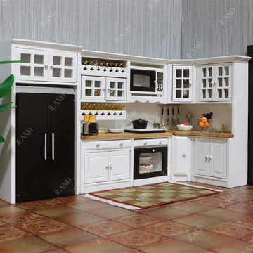 iLAND Dollhouse Furniture and Accessories Set Dollhouse Kitchen Modern Kit, Complete Miniature Cabinets Oven Refrigerator with Cookware fit 1/12 Scale
