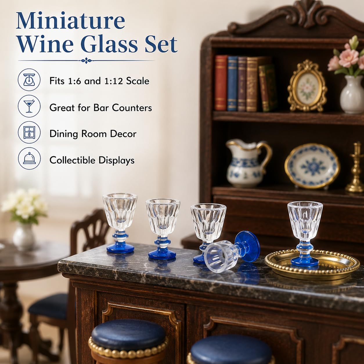 4Pcs Lovely Miniature Wine Glass Set for Dollhouse, 1:6 1:12 Scale, Ideal for Creating Realistic Dining Scenes?Dolls House Blue Stem Wine Glasses
