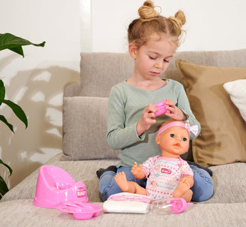 Simba Toys Newborn Baby Doll with Pink Accessories - 16.93" Includes Diaper, Bottle, Potty, and Eating Utensils | Kids and Toddlers Ages 3 and Up