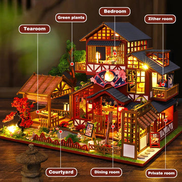 Yuzhen DIY Miniature Dollhouse with Furniture and LED Lights, Japanese Style Wooden Mini-Restaurant Includes Dustcover and Music Movement, Exquisite