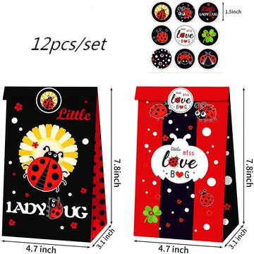 Ghberll Ladybug Party Bags 30Pcs Favor Kit with 1 Tablecover Red Black Polka Dots Tablecloth & Treat Paper Candy Bags for Birthday Party Decorations