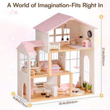 ROBOTIME Wooden Doll House, Dollhouse with 6 Open Rooms, 37 Pcs DIY Modular Doll House Furniture Accessories, Pretend Dollhouse Creative Gift for Girl