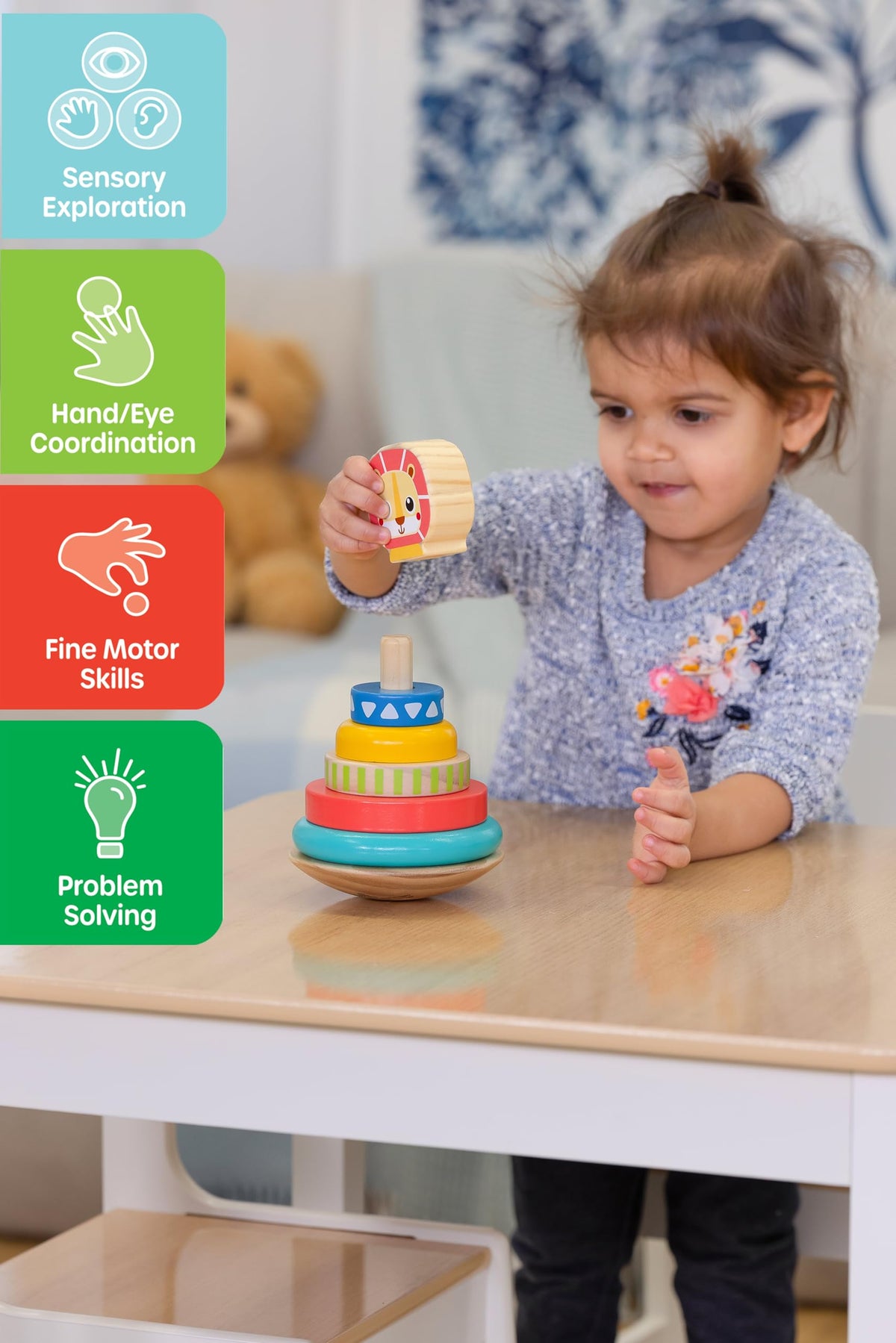 Jasey's Toy Chest Wooden Lion Stacking Rings | 7-Piece Wooden Stacker Toy with Colorful Rings & Lion Topper | Educational Toy for Toddlers Ages 12+
