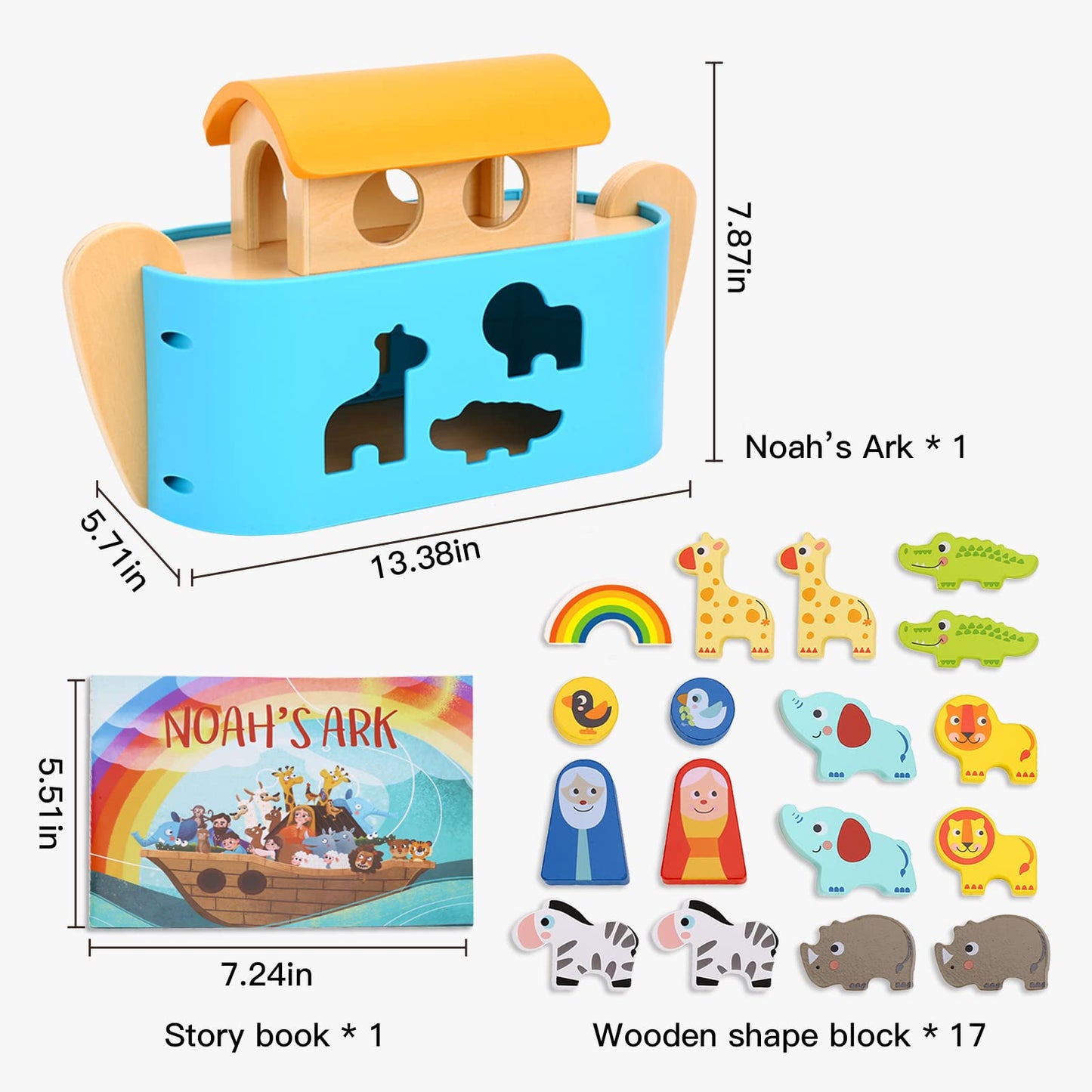 TOOKYLAND Noah's Ark Toys for Toddlers Wooden Animal Shape Sorter Toys, Baptism Gifts for Boys and Girls, Bible Story Toy with Story Book, Montessori