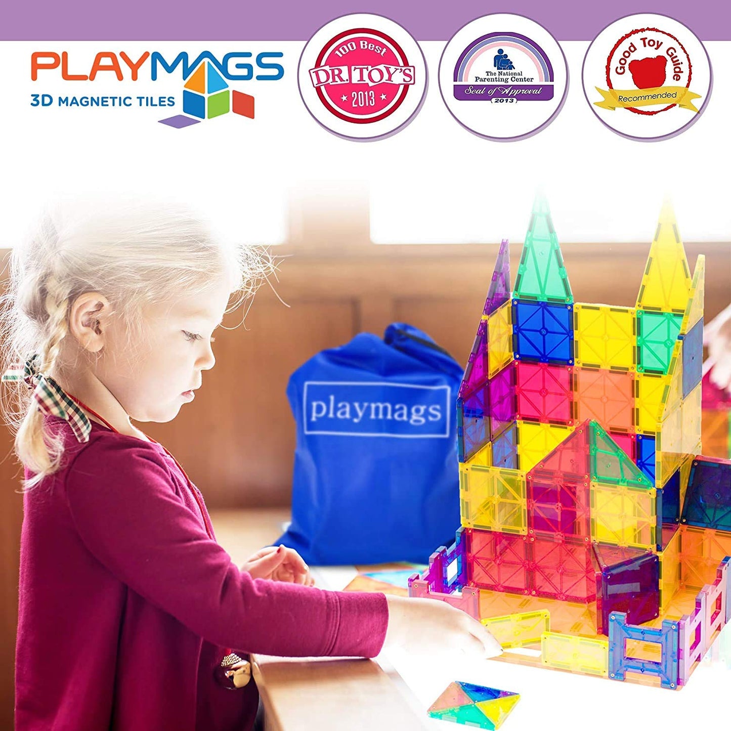 Playmags 48 Piece Set - with Stronger Magnets, STEM Toys for Kids, Magnetic Tiles and Building Blocks, Sturdy, Super Durable with Vivid Clear Color