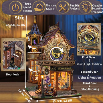 TOPBSFARNY DIY Book Nook Kit with LED Light, Vintage Clock Theme Wooden 3D Miniature Puzzle, Decorative Booknook for Adults and Teens