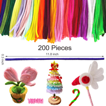 Pipe Cleaner Craft Kit for DIY Flower Animal,200 Pcs Multi-Color Chenille Stems Flower Craft Kits for Creative Arts with 2 Floral Papers,1 Meter