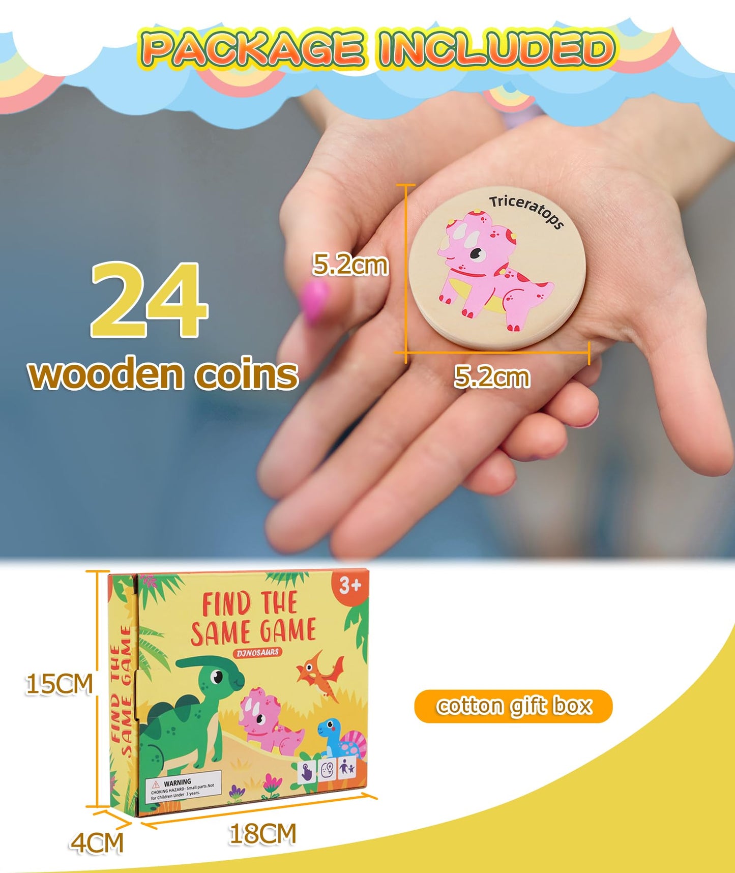Protado Wooden Memory Game for Kids, 24 Dinosaur Matching Cards