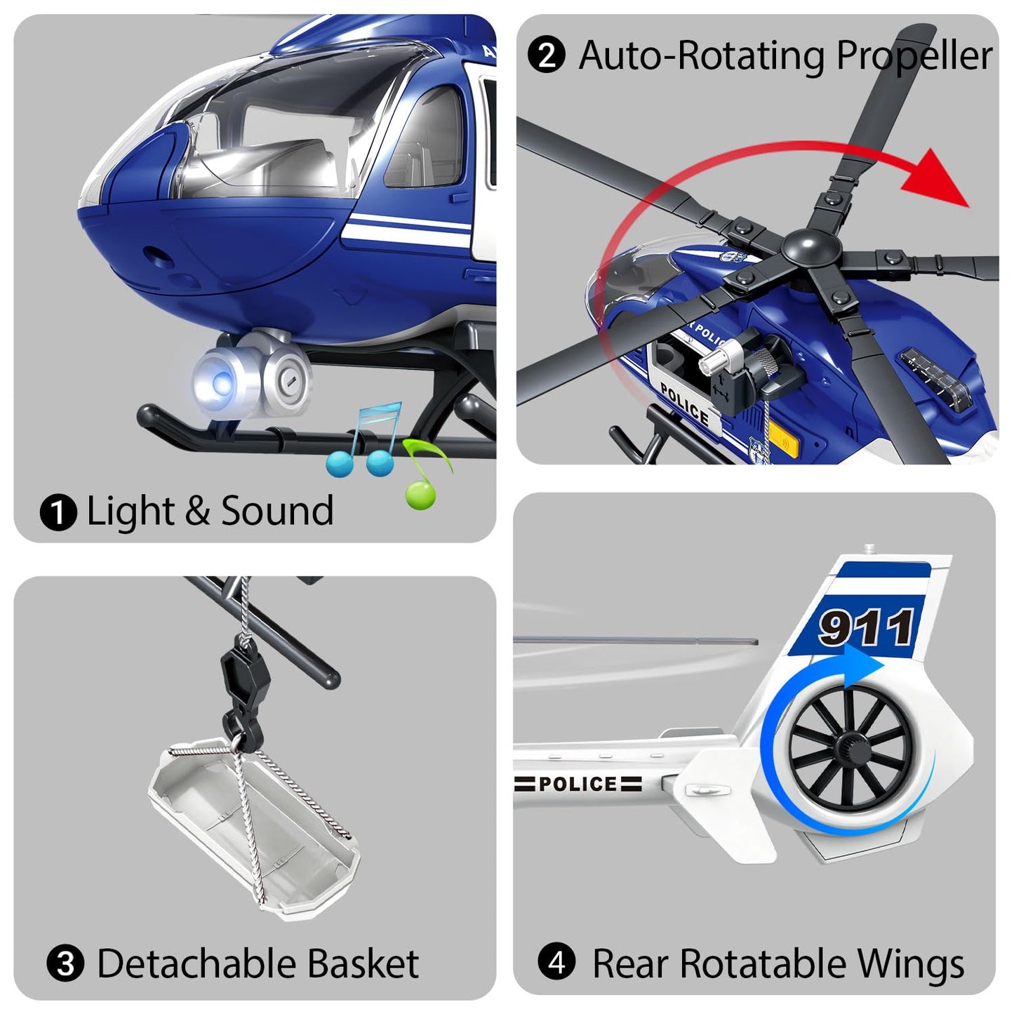 Wenbeier Big Toy Helicopter for Kids Police Helicopter Toy with Hanging Basket, Lights and Sound, Rescue Vehicles Toys for Boys & Girls 3 4 5 6 7