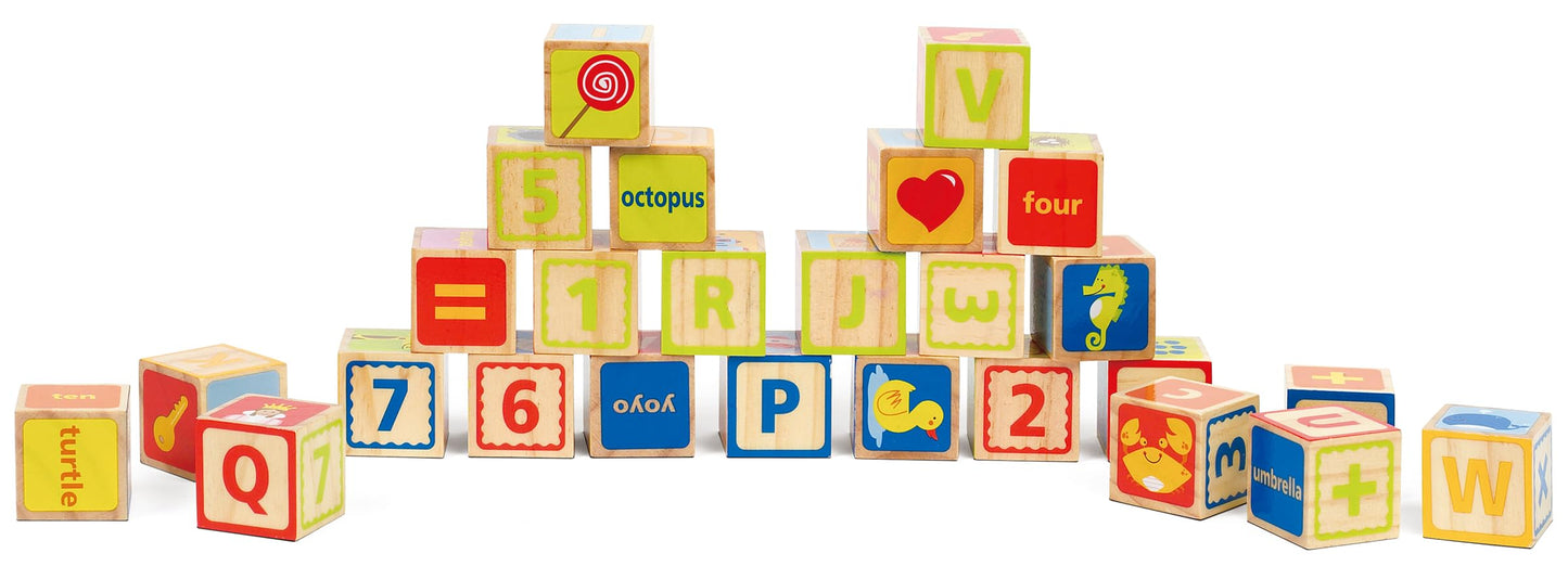 Hape Wooden 26 Pcs Alphabet and Numbers Stacking Blocks with Pictures| Educational Preschool Learning Toys for Toddlers