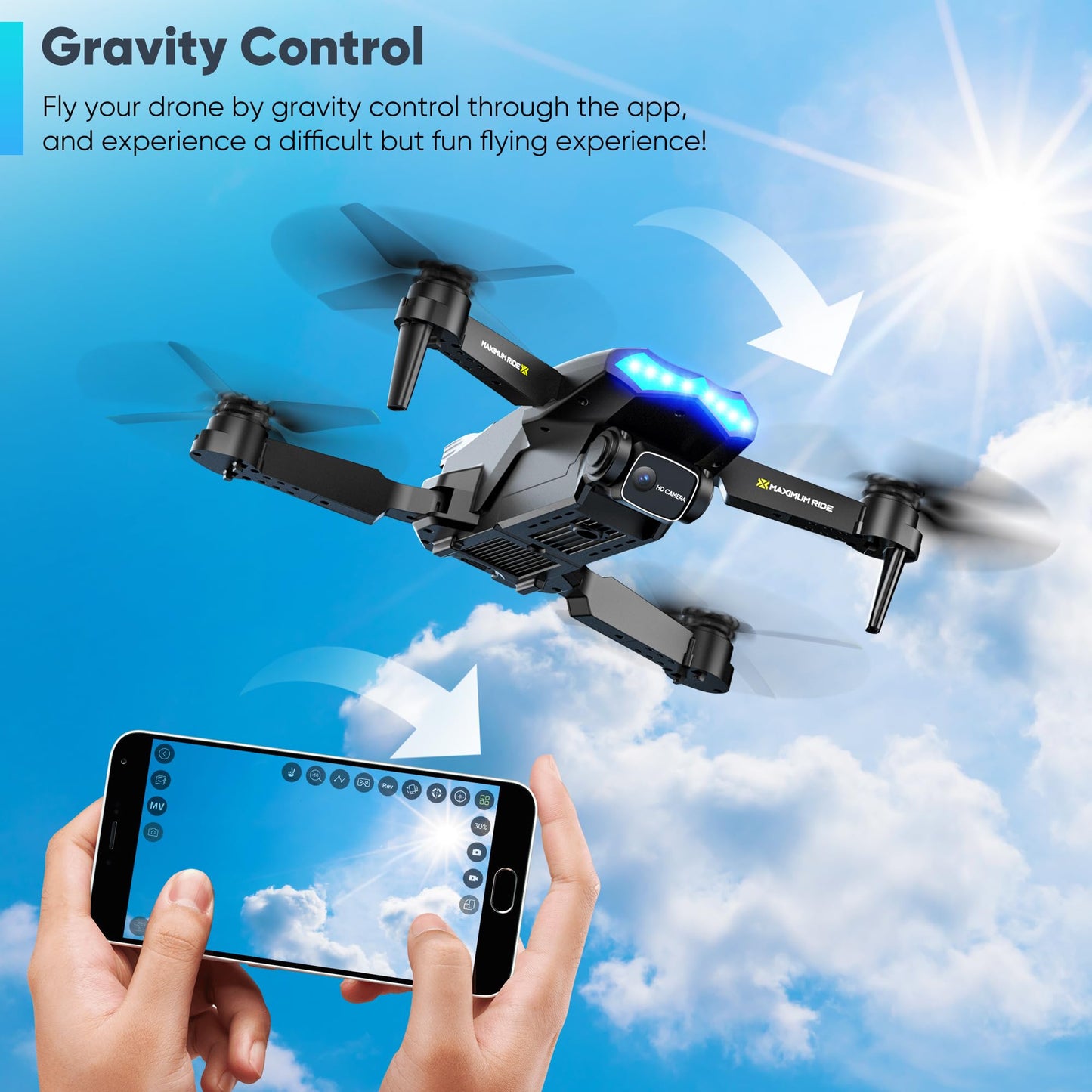 Flymevac Drone with Camera, Dual 720HD, Drone for Kids with Cool Lights, Gestures Control, Vertical Shooting, Waypoint Flight, Gravity Control, 3D