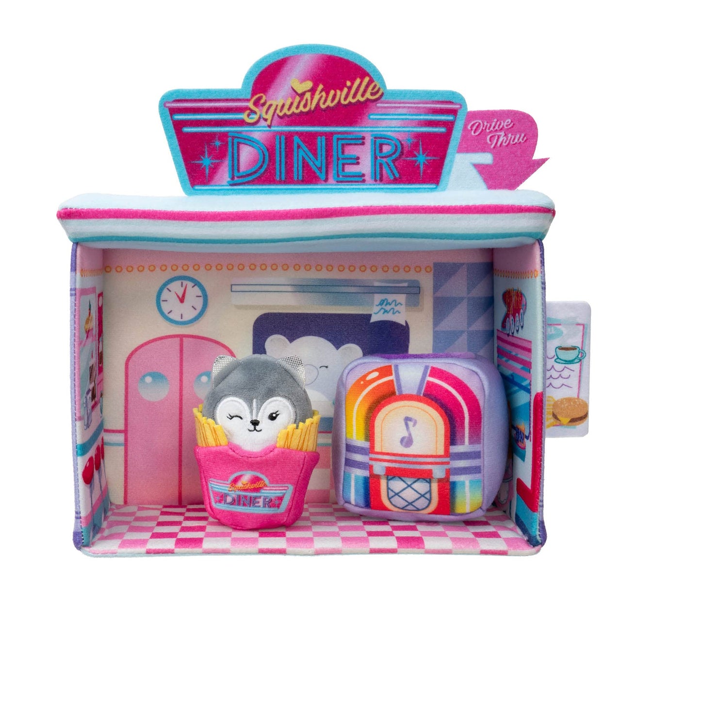 Squishville by Original Squishmallows Darling Diner Playset - Includes 2-Inch Heidi The Husky Plush, Jukebox, French Fries, and Diner Playscene - Toys