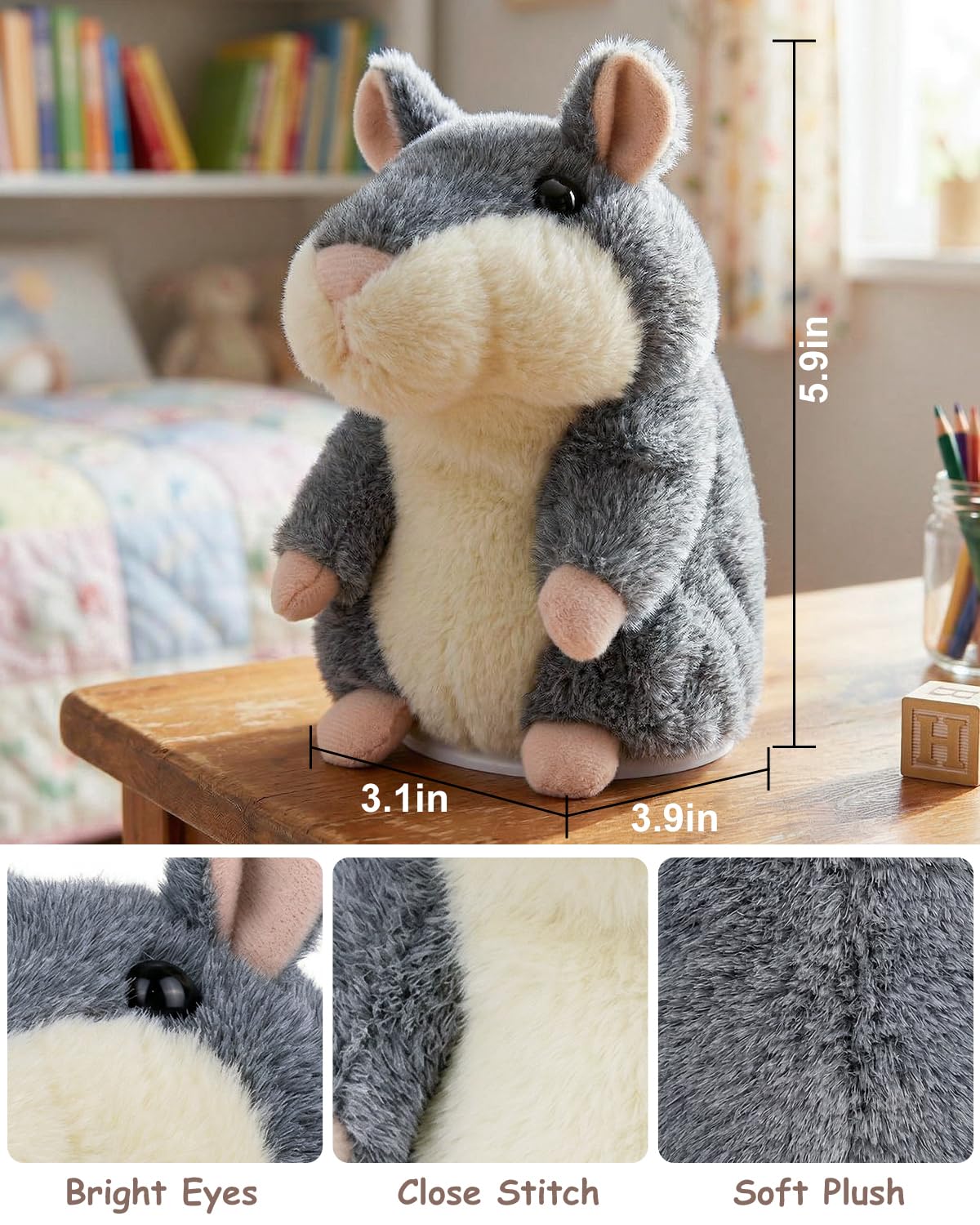 Ayeboovi Talking Hamster Repeats What You Say, Toy for 3 4 5 6 Years Old Boys Girls Birthday Gift, Autism Fun Stuffed Animals Interactive Plush for