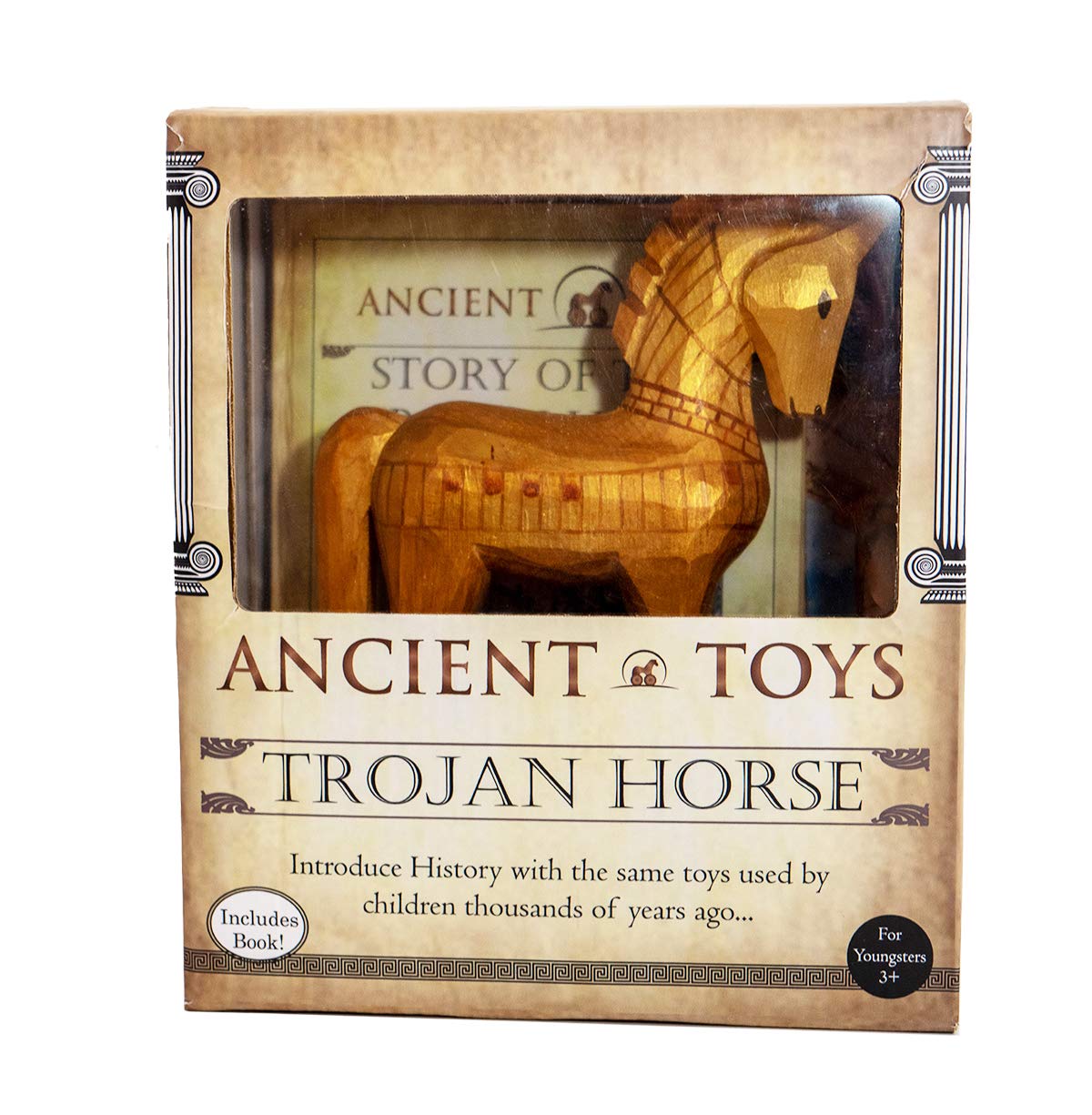 Johnny World - Ancient Toys - Wooden Trojan Horse Pull Toy with Hardcover Book! Teach Children About History Through Interactive Play