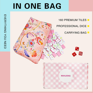 Portable Pink Mahjong Set 160 Premium Melamine Tiles, Engraved American Mahjong Game with Carrying Bag&3 Dice Compact 0.9” x 1.18” x 0.5” Tiles