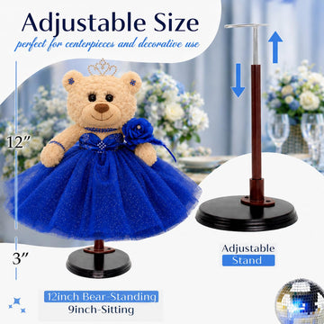 12" Quinceañera Bear Centerpiece Doll w/ Elegant Layered Tulle Dress, Adjustable Stand Included - Quinceanera Decorations Gift, Oso de Peluche para 15