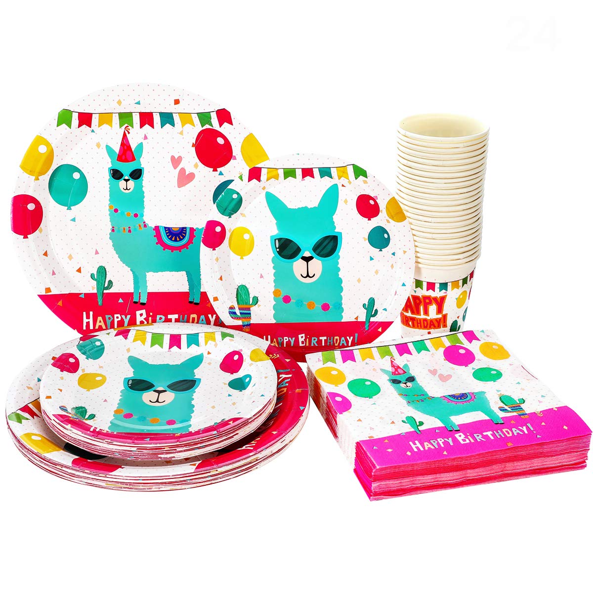 Llama Party Supplies Set For Girls-24 guests- Alpaca Birthday Party Decorations, Include Alpaca Plates Cups Banner Balloons Cutlery Tablecloth Napkins