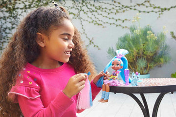 Mattel Cave Club Tella Doll (8 10-inch, Blue Hair) Poseable Prehistoric Fashion Doll with Dinosaur Pet and Accessories, Gift for 4 Year Olds and Up
