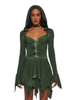 Dolls Kill F is for Fairies Hooded Mini Dress by Current Mood - Fabric Dress with Hoodie for Fairycore Fashion - Green, Large