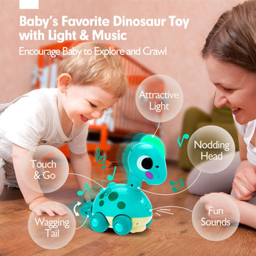 CubicFun Touch & Go Crawling Dinosaur Toy with Music, Lights & Obstacle Avoidance, 1 Year Old Boy Girl Gifts, Interactive Tummy Time Toy for 12 Month