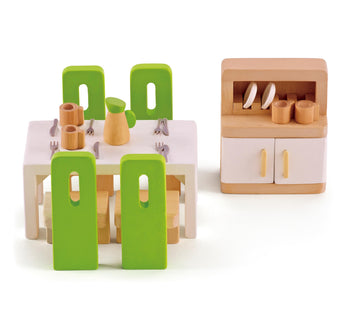 Hape Wooden Doll House Furniture Dining Room Set with Accessories| 1:12 Scales Miniature Dollhouse Furniture