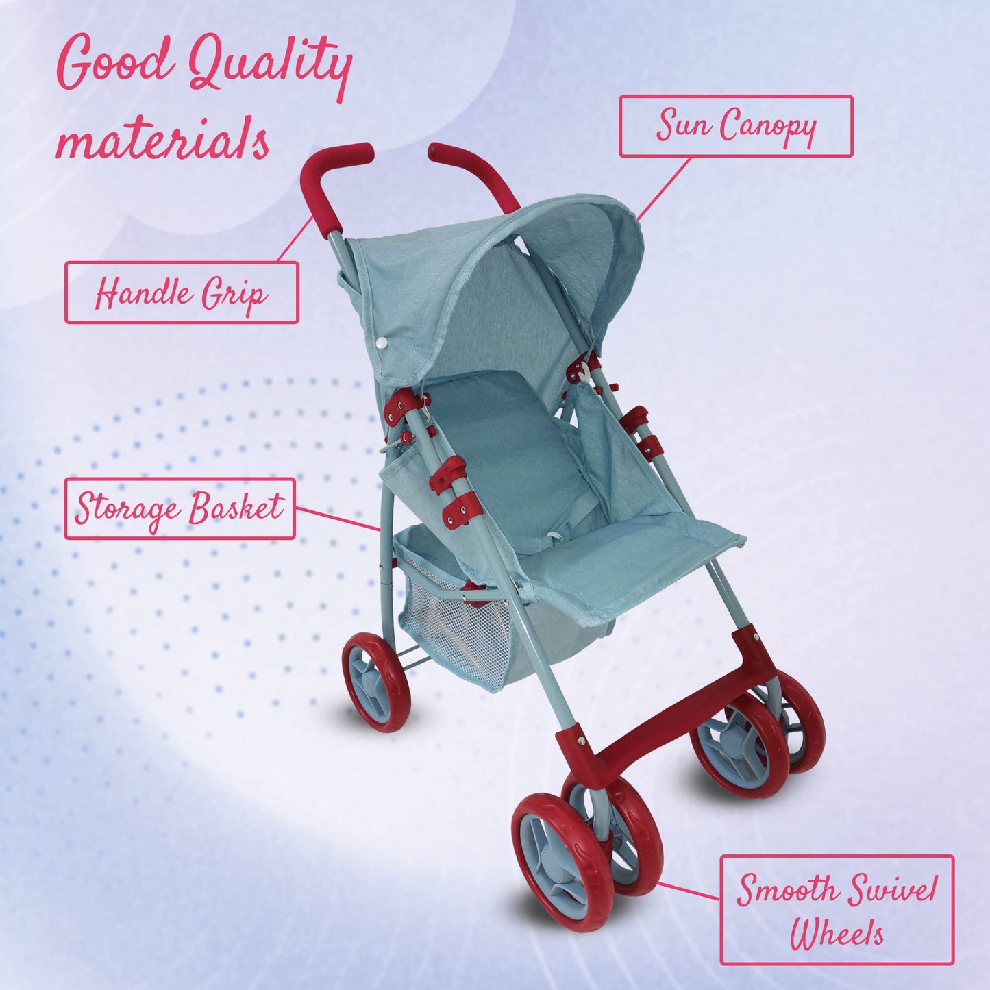 Baby Doll Stroller for Toddler Girls & Big Kids 6-8 Years Old | 28” Baby Stroller for Dolls, Toy Baby Stroller with Cute Ligh Denim Fabric, Mesh