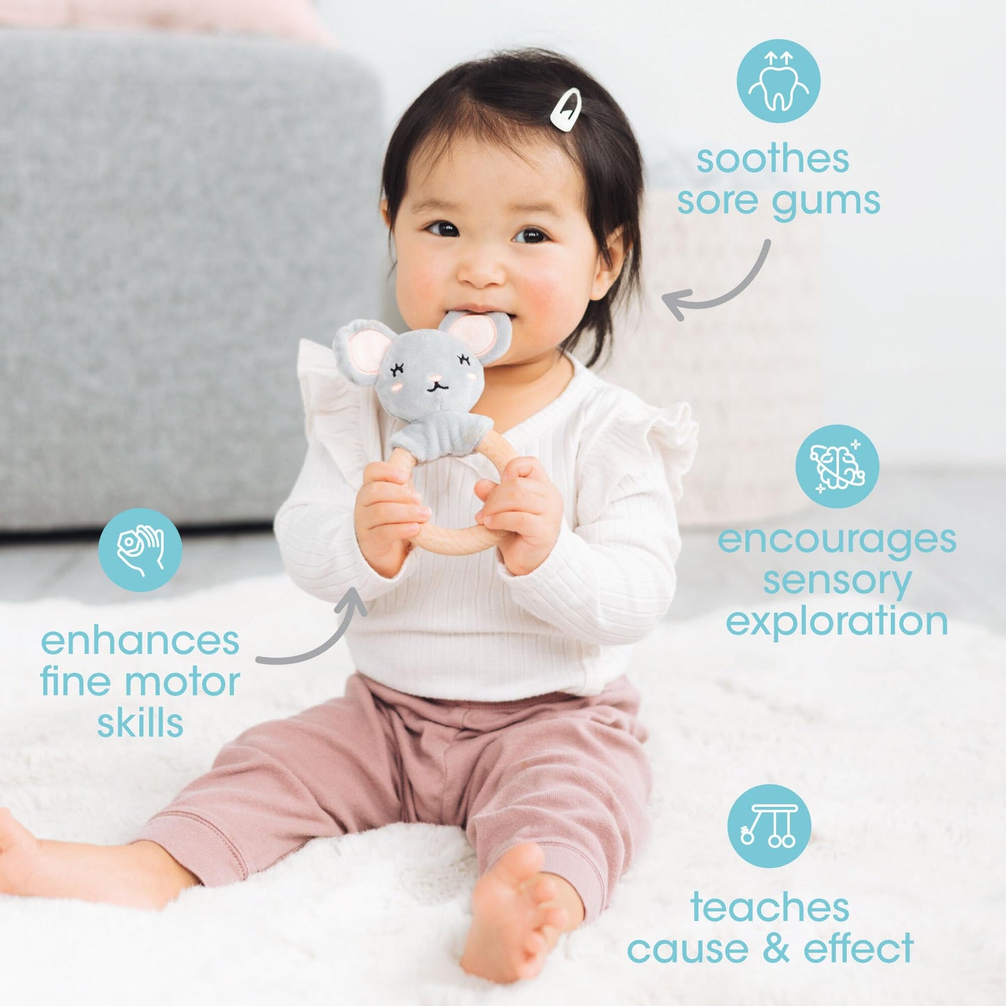 Pearhead Mouse Wooden Baby Teether - Soft Plush Lovey with Natural Wood Rattle Ring, BPA-Free, Soothes Infant Gums, Multi-Sensory Newborn Essential