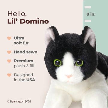 Bearington Lil’ Domino Tuxedo Cat Plush - 8" Realistic Black and White Stuffed Animal with Soft Fur and Lifelike Details - Adorable Kitty Stuffy Gift