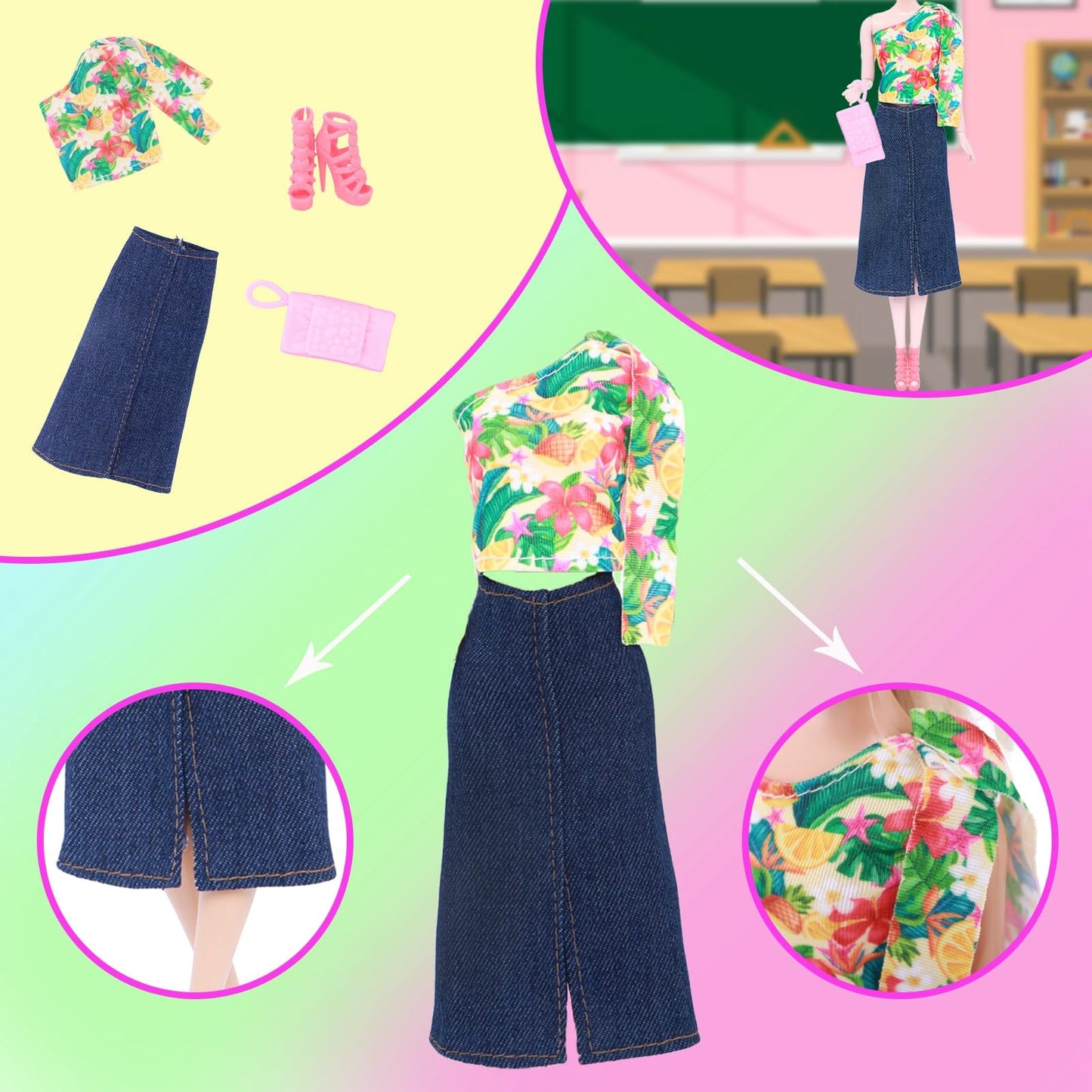 BLIJOLA 10Pcs Doll Clothes & Accessories Including 4 Sets Casual Doll Clothing, Skirt, Long Dress, Top and Pant Outfits with 4 Pair of Shoes 2