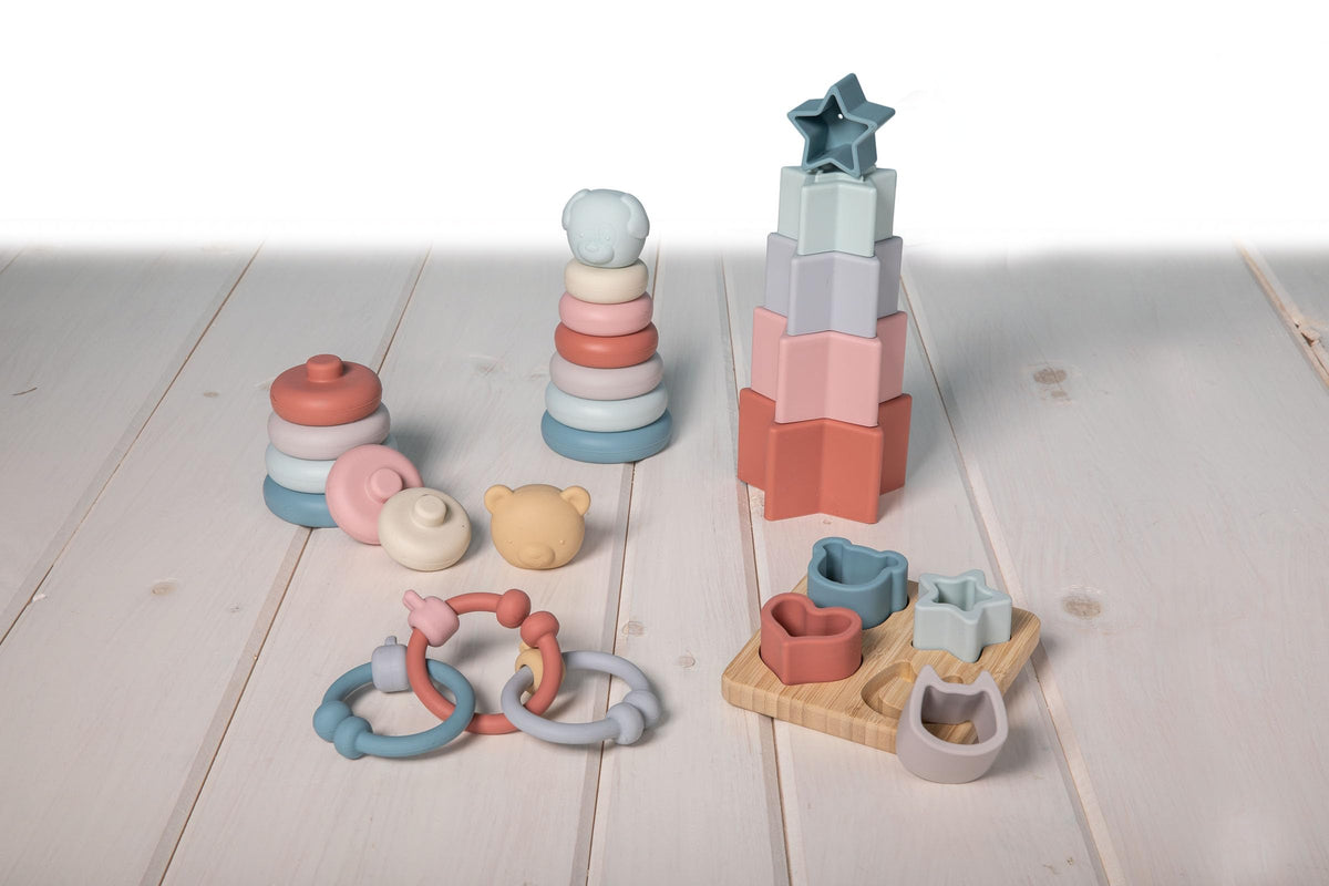 Mary Meyer Baby and Toddler Toys Simply Silicone Sorting Puzzle with Bamboo Base for 12+ Months Old Preschool Gifts, 4 x 4-Inches, Animal, Star, Heart