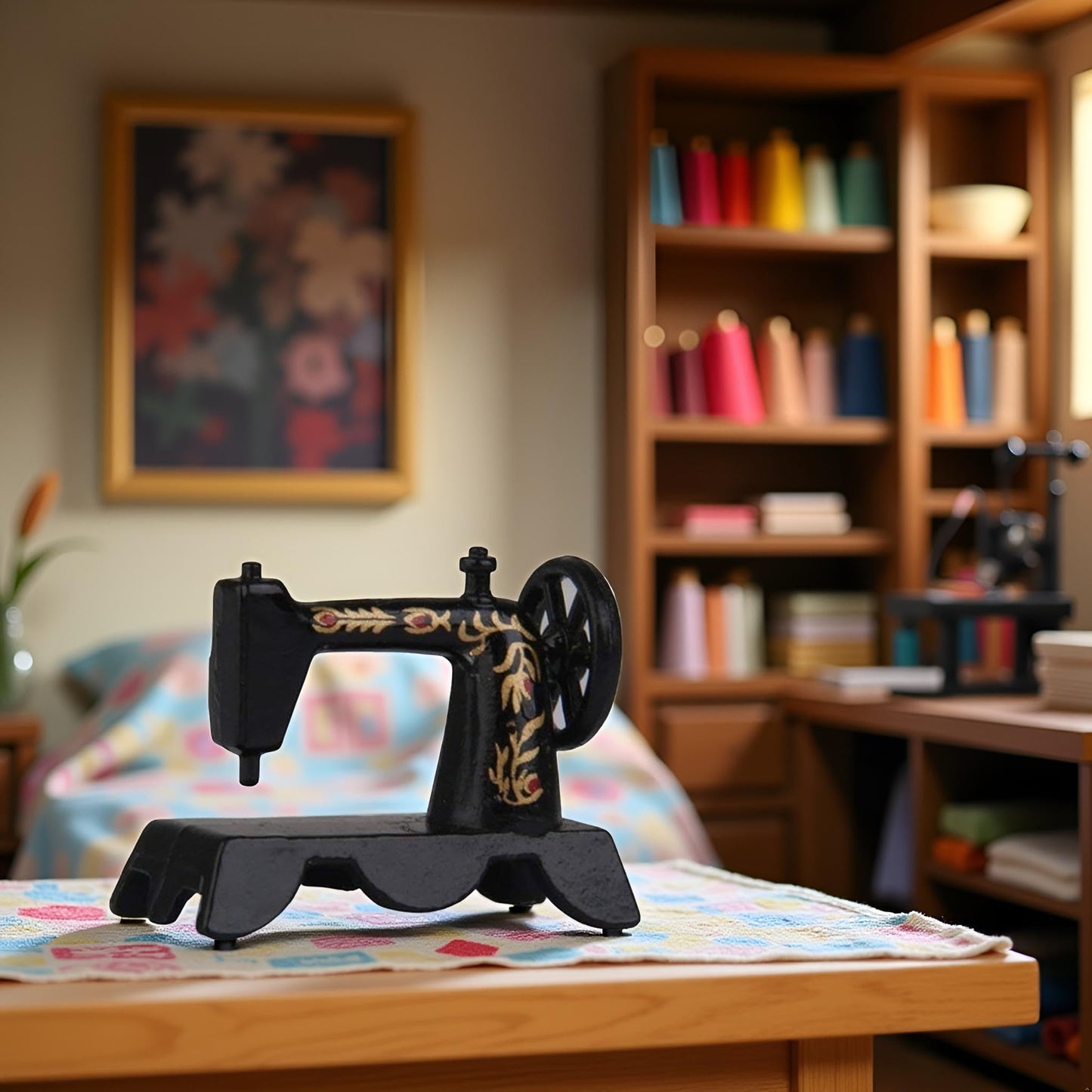 Black 1:12 Mini Lovely Alloy Sewing Machine Miniature Dollhouse Model Decoration Interior Decoration Accessories Convenient