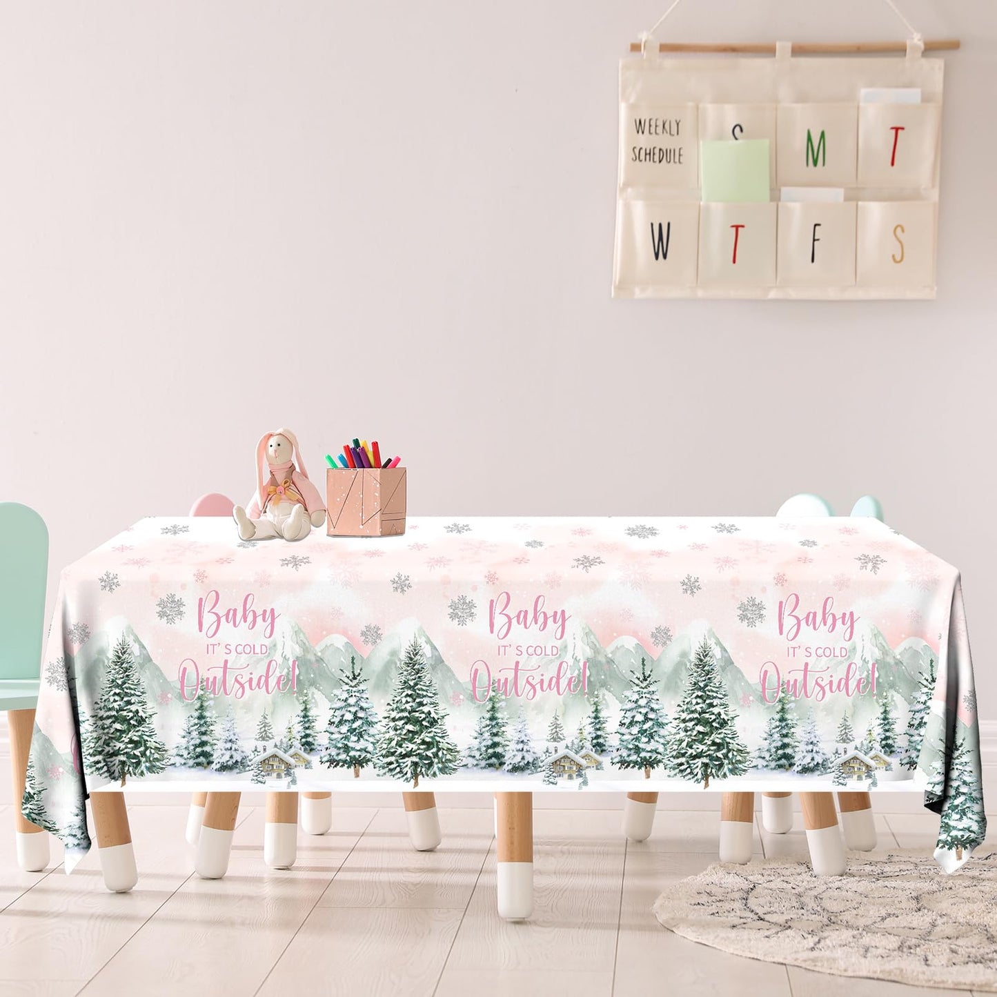 Dydamud Winter Woodland Plastic Tablecloth - 3pcs Rectangle Table Cover for Baby Girl's Cold Outside Baby Shower & Birthday Party Decorations