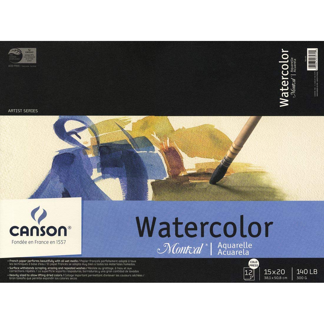 Canson Montval Watercolor Pad, 15" x 20", Cold Press, 140 lb. (300gsm), White, Tape Bound, 12 Sheets/Pad