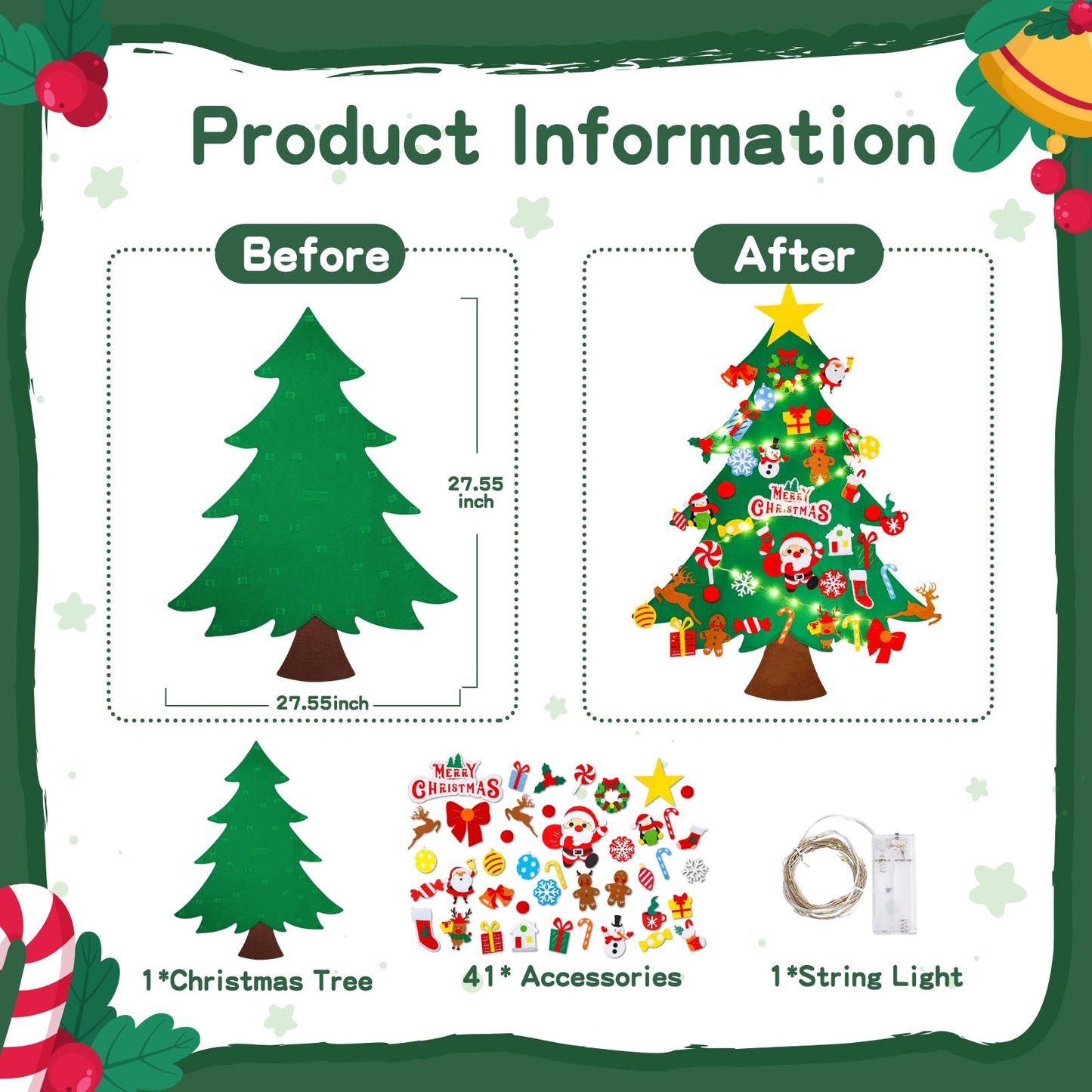 Max Fun DIY Felt Christmas Tree Set 3.2Ft with 41 Ornaments for Kids Toddlers Home Wall Hanging Felt Christmas Craft Kits Xmas Decoration Party