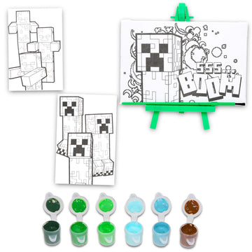 Minecraft Painting Set for Boys - Video Game Art Supplies Bundle with 3 Canvases, Paint, Easel, Stickers, More | Minecraft Arts and Crafts Gifts