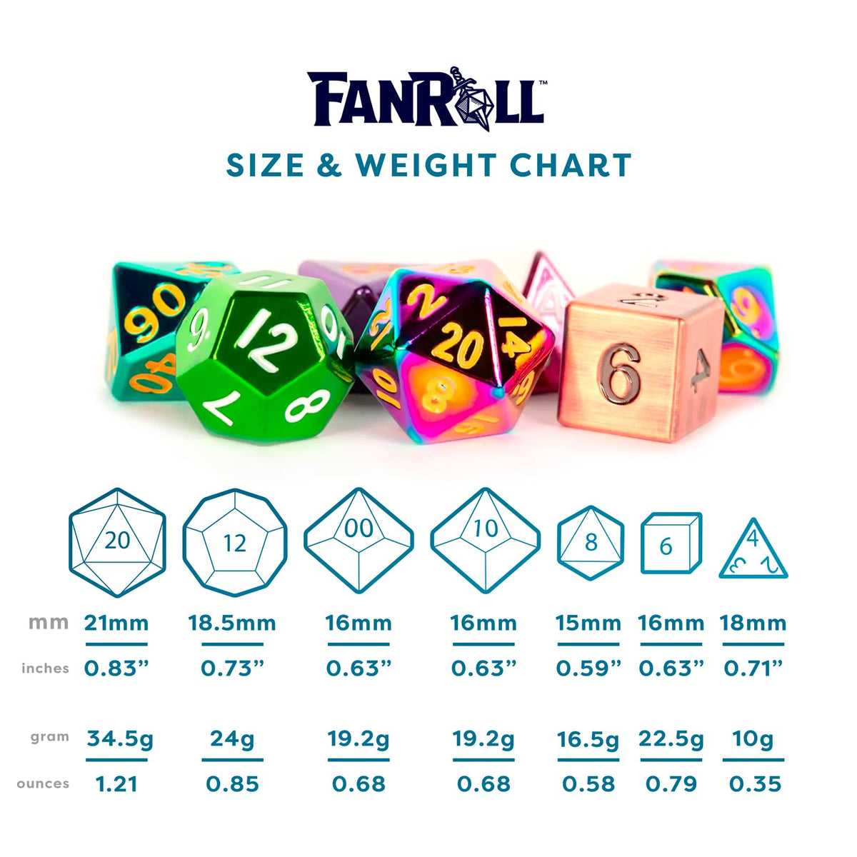 FanRoll Mystery Misfit Metals: Bag of 7 Assorted Polyhedral 16mm Metal Dice