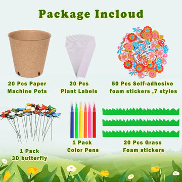 Garden Paper Pot Craft Kit 20 Pack Flower Plant Summer Craft with 50pcs Adhesive Foam Stickers 20pcs Paper Mache Pots Label Pen Flower Planting