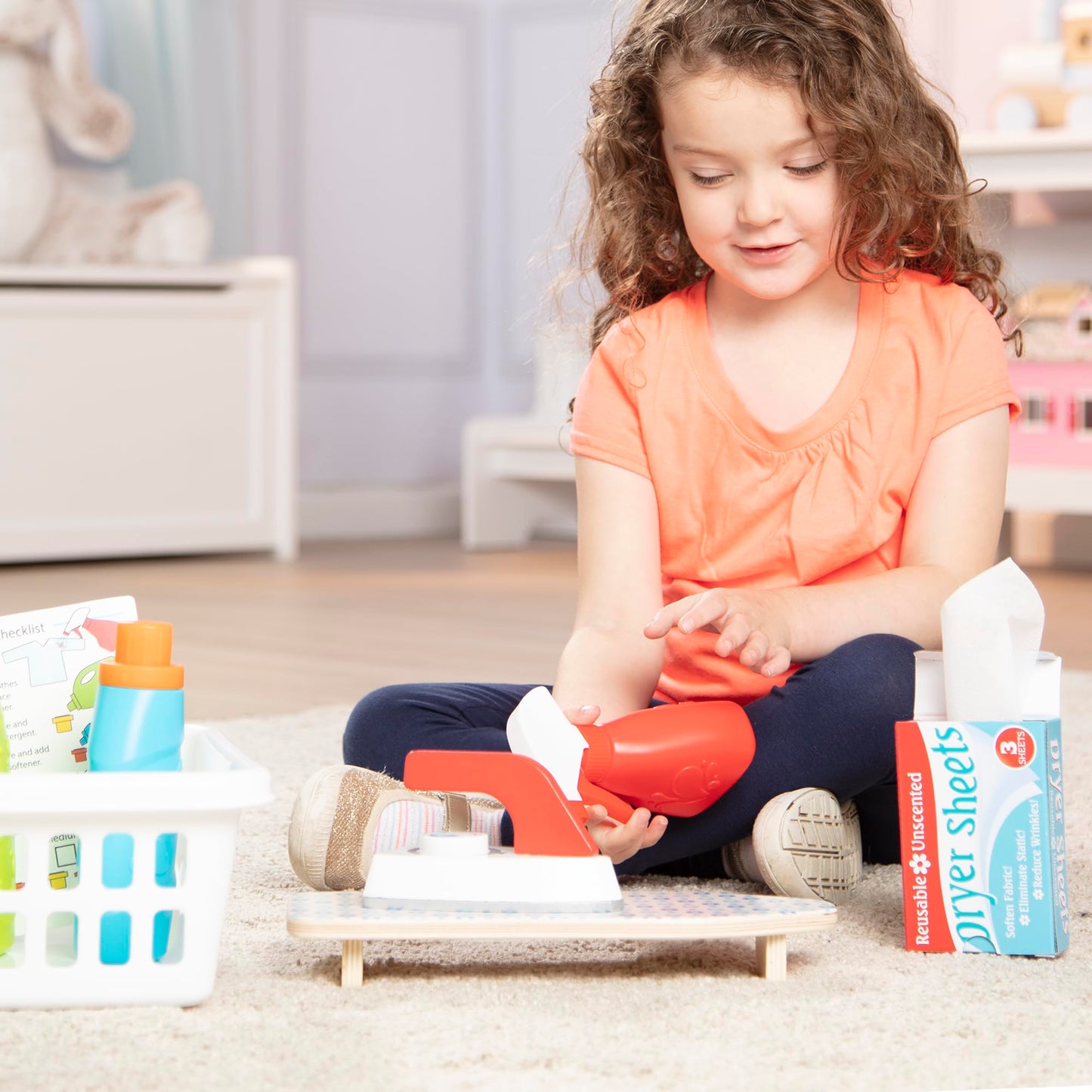 Melissa & Doug Laundry Basket Play Set with Wooden Iron, Ironing Board, and Accessories (14 Pcs) Pretend Play Laundry Set for Kids with Iron