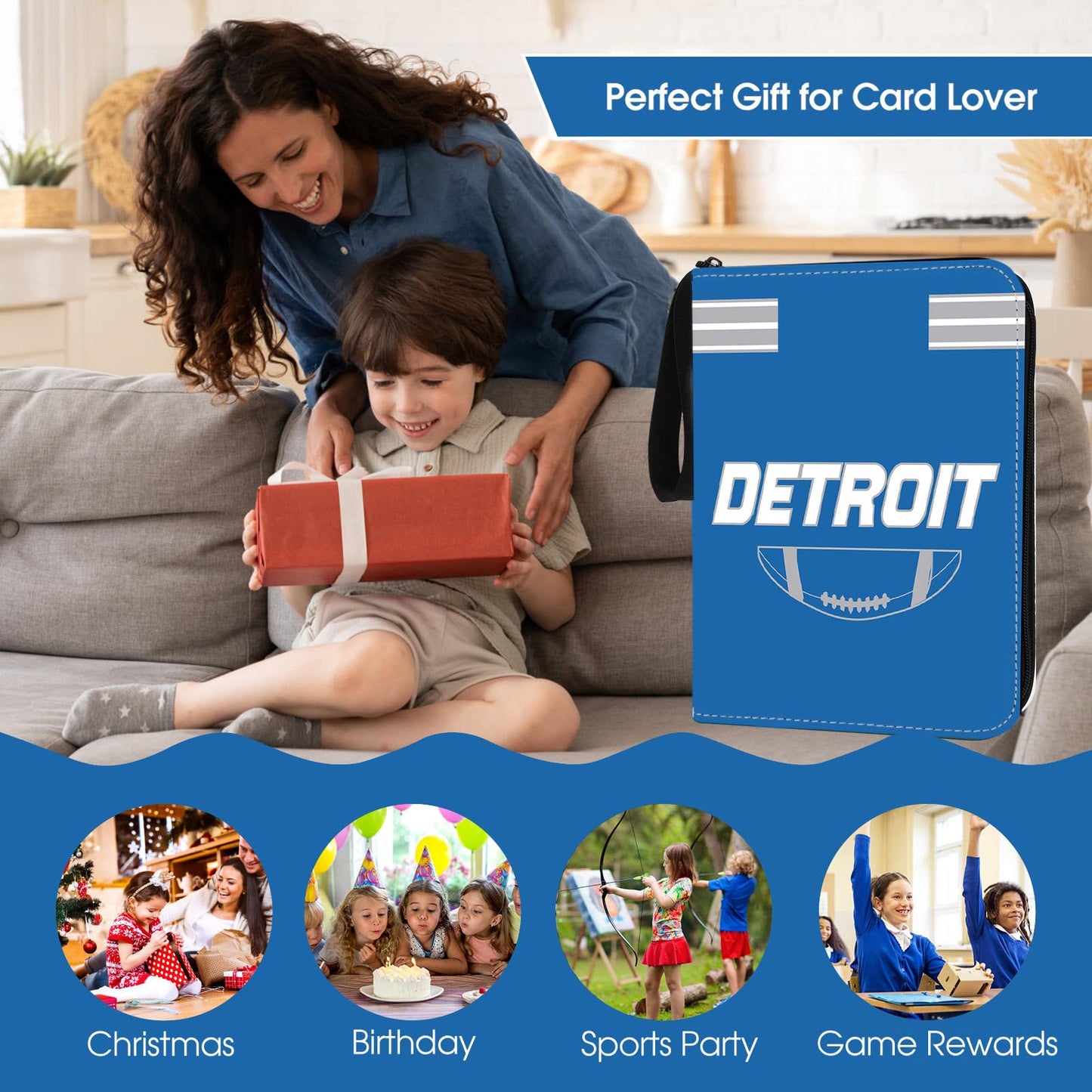 Football Card Binder with Sleeves 900 Pocket, Detroit Football Card Holder for Trading Cards Sports Card 3 Ring Binder Folder Collector Album Storage