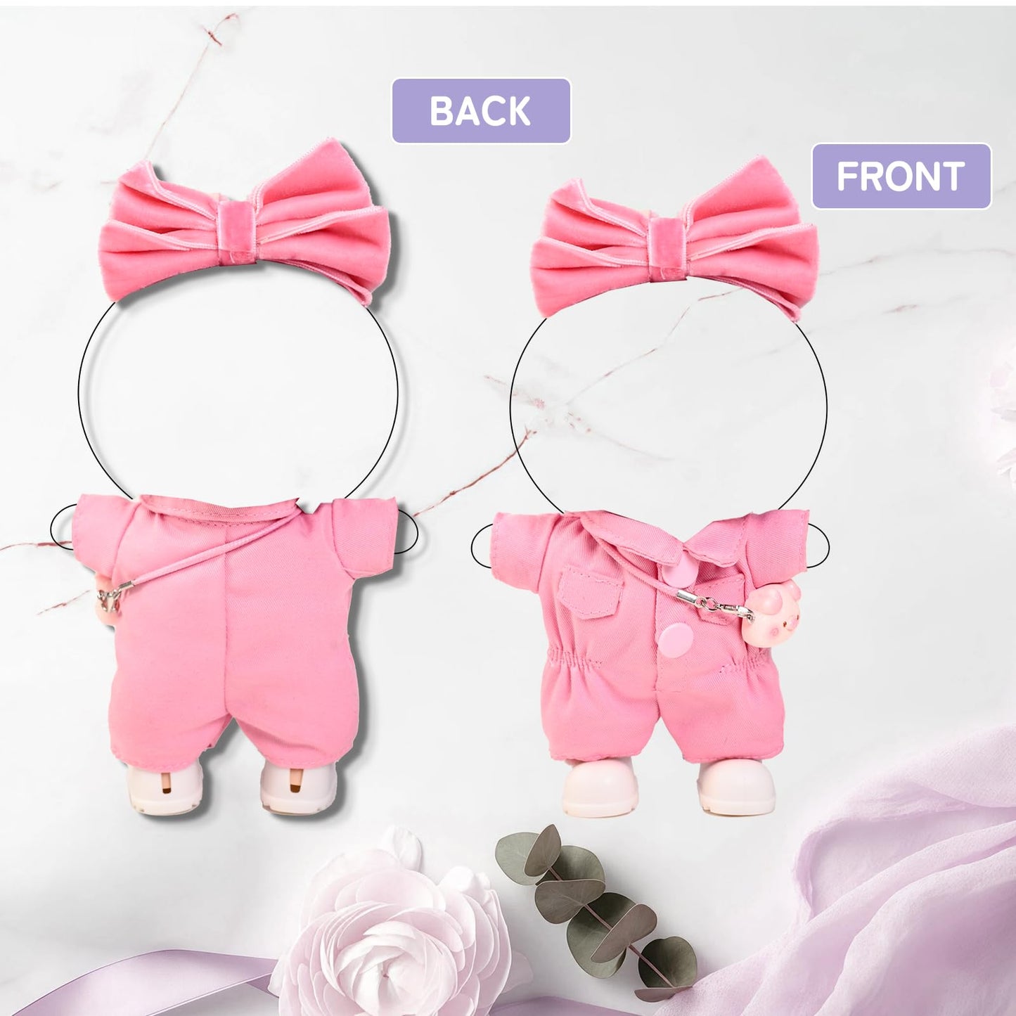 4PCS Pink Kawaii Doll Romper Set Pink Bunny Jumpsuit with Bow Tie for 15-17cm 4 Inch Blind Box Dolls Includes Bow Headwear, Crossbody Bag, One-piece