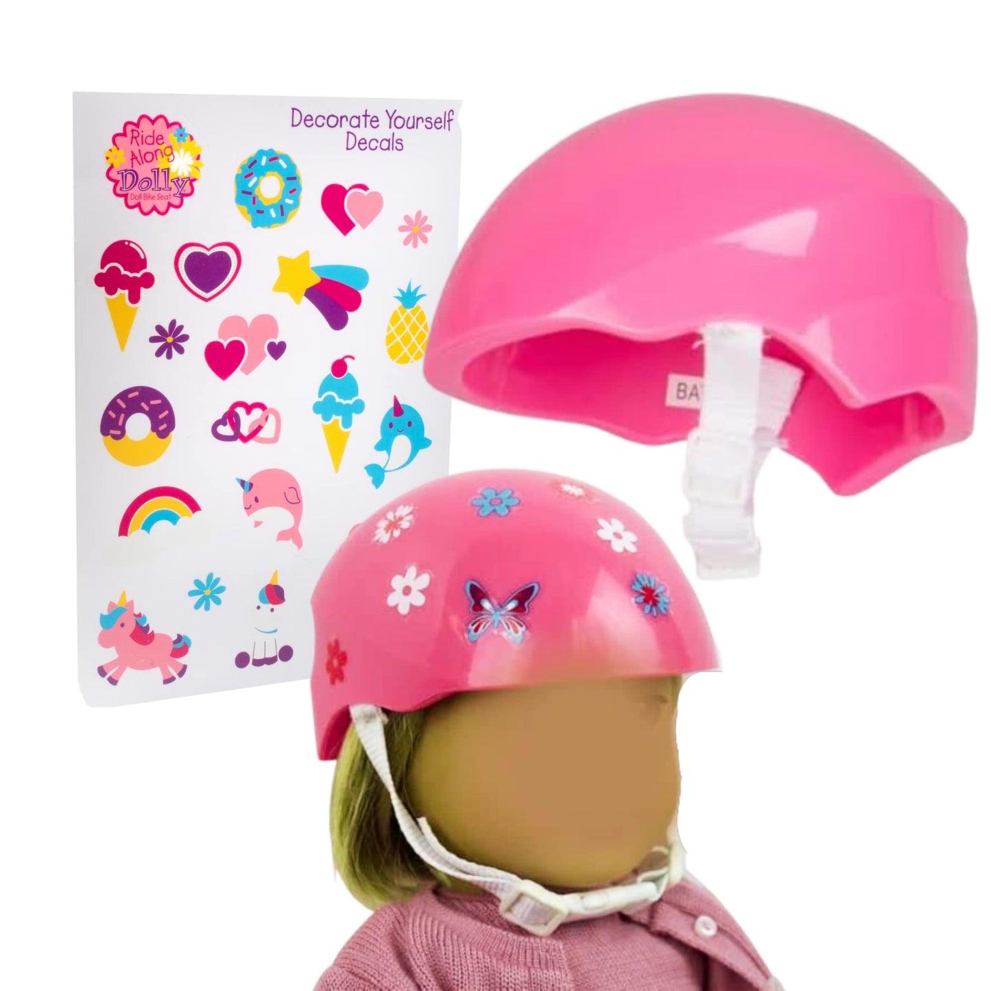 Ride Along Dolly Bike Helmet for 18" Dolls (Pink) - Compatible with American Girl, Our Generation, Wellie Wishers- Bicycle Accessory w Decal Stickers