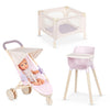 LullaBaby - 14-Inch Realistic Baby Doll & Accessory Bundle - Fair Skin Tone & Blue Eyes - Baby Doll Nursery Care Set - High Chair, Playpen & Jogger