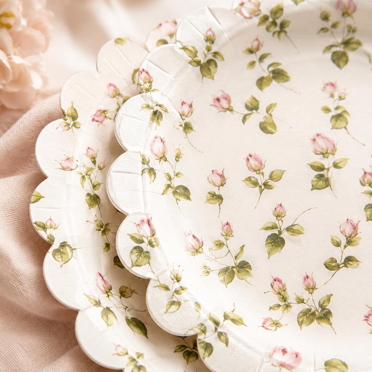 Lulu Posh Floral Paper Plates 12 Inch (24 Pack) - Scalloped Disposable Party Plates, Pink Rose Vintage Shabby Chic Dinner Plates, Heavy Duty Paper