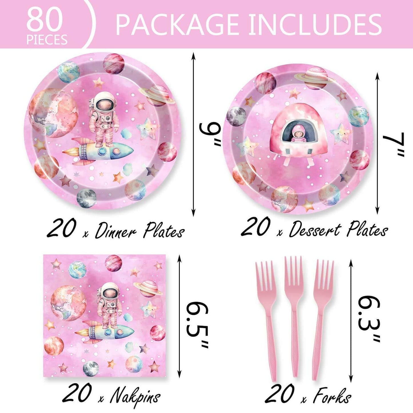 80 Pcs Outer Space Girls Birthday Decorations Astronauts Paper Dinner Plates Napkins Forks Dinnerware for Space Theme Girls Baby Shower 1st 2nd 3rd