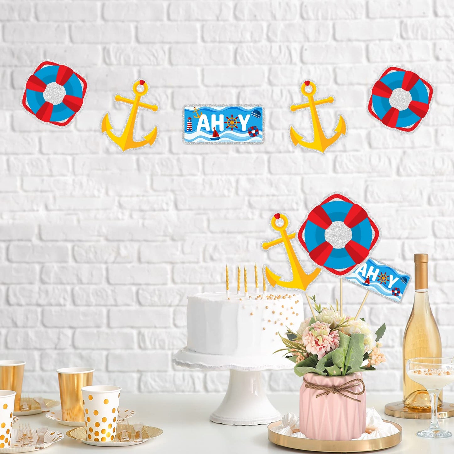 Ahoy Centerpiece Sticks, Under the Sea Themed Table Topper - Nautical Baby Shower Party Decorations - Sailing Home Decorations -15PCS